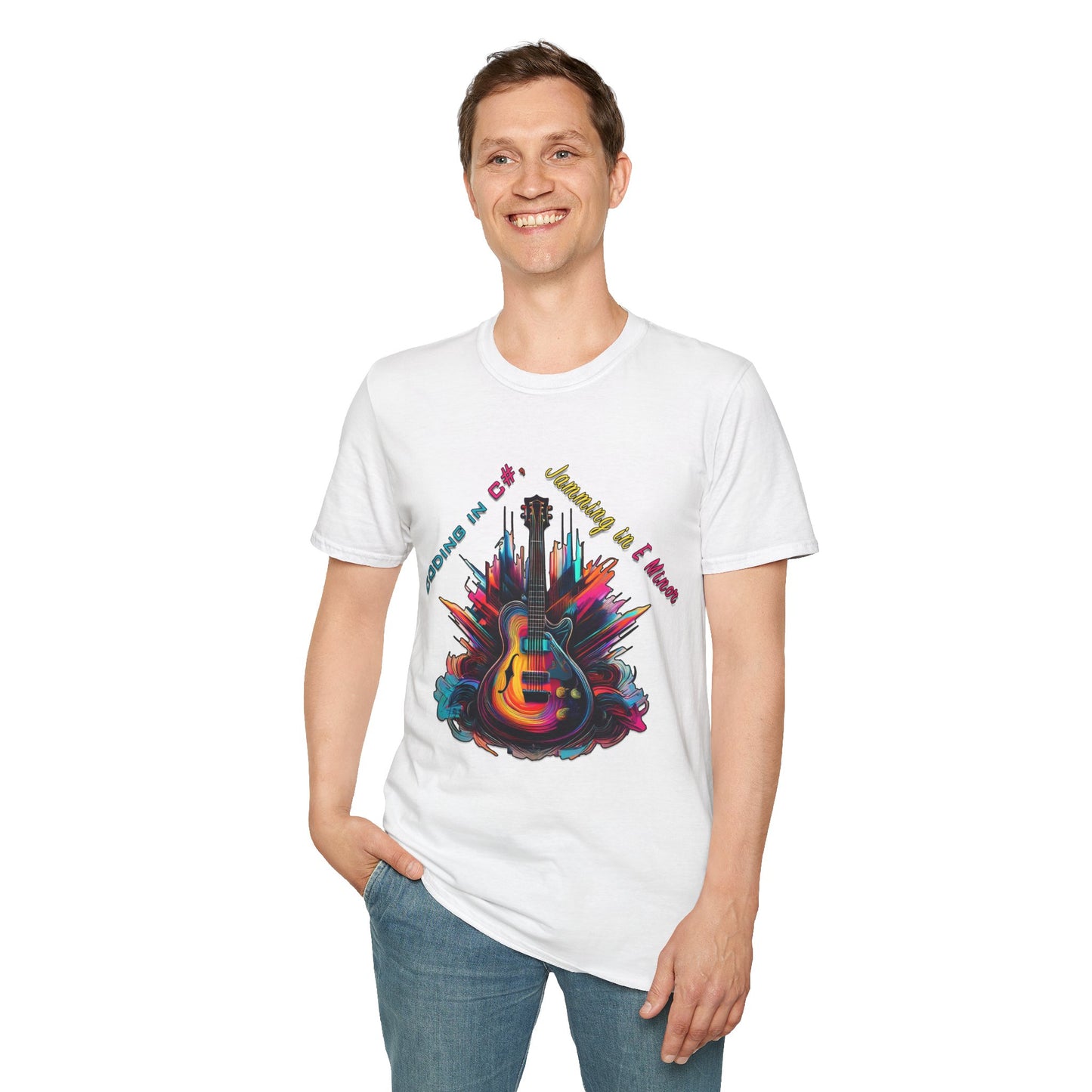 Unisex-T-Shirt für Musikliebhaber mit Gitarre – Coding in C#, Jamming in E-Moll-Design