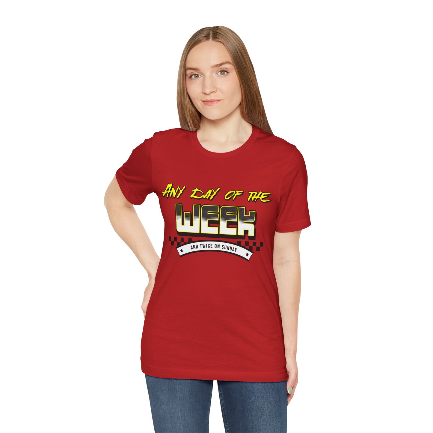 Sunday Vibes T-Shirt mit „Jeder Tag der Woche und zweimal an einem Sonntag“