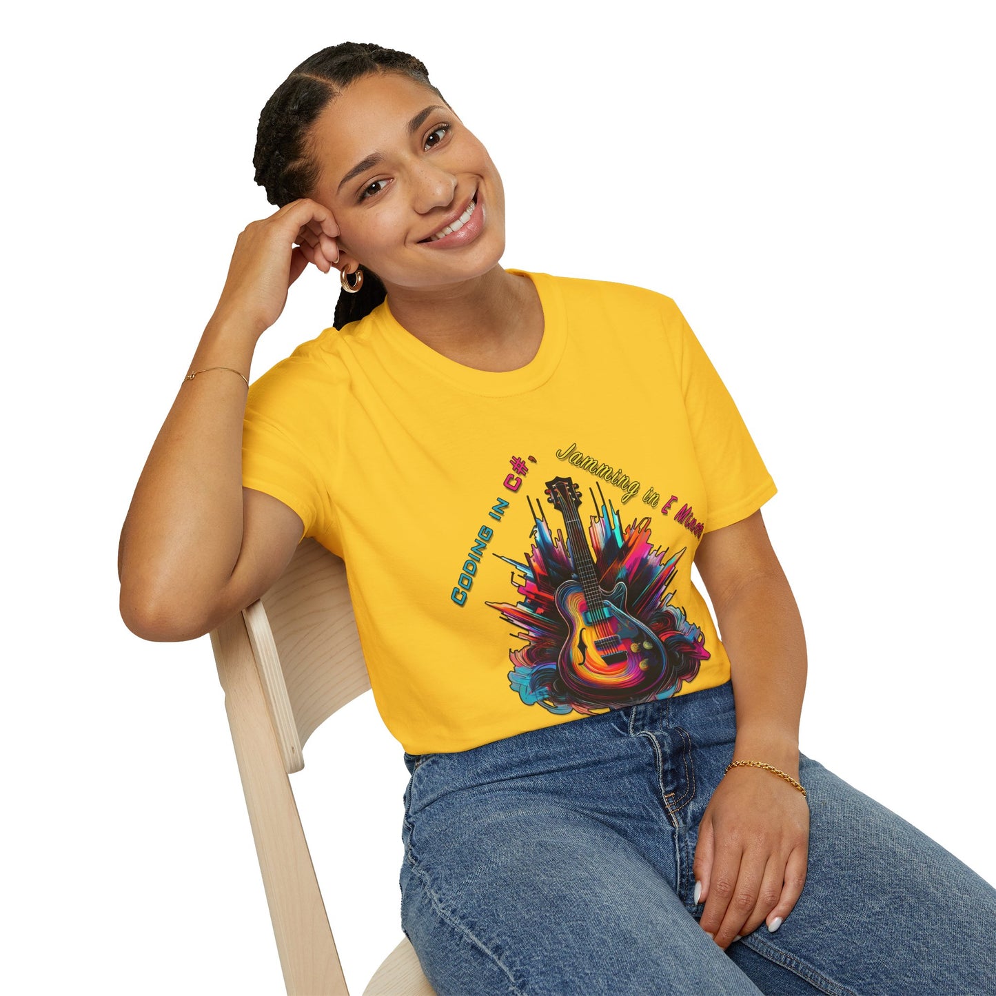 Unisex-T-Shirt für Musikliebhaber mit Gitarre – Coding in C#, Jamming in E-Moll-Design