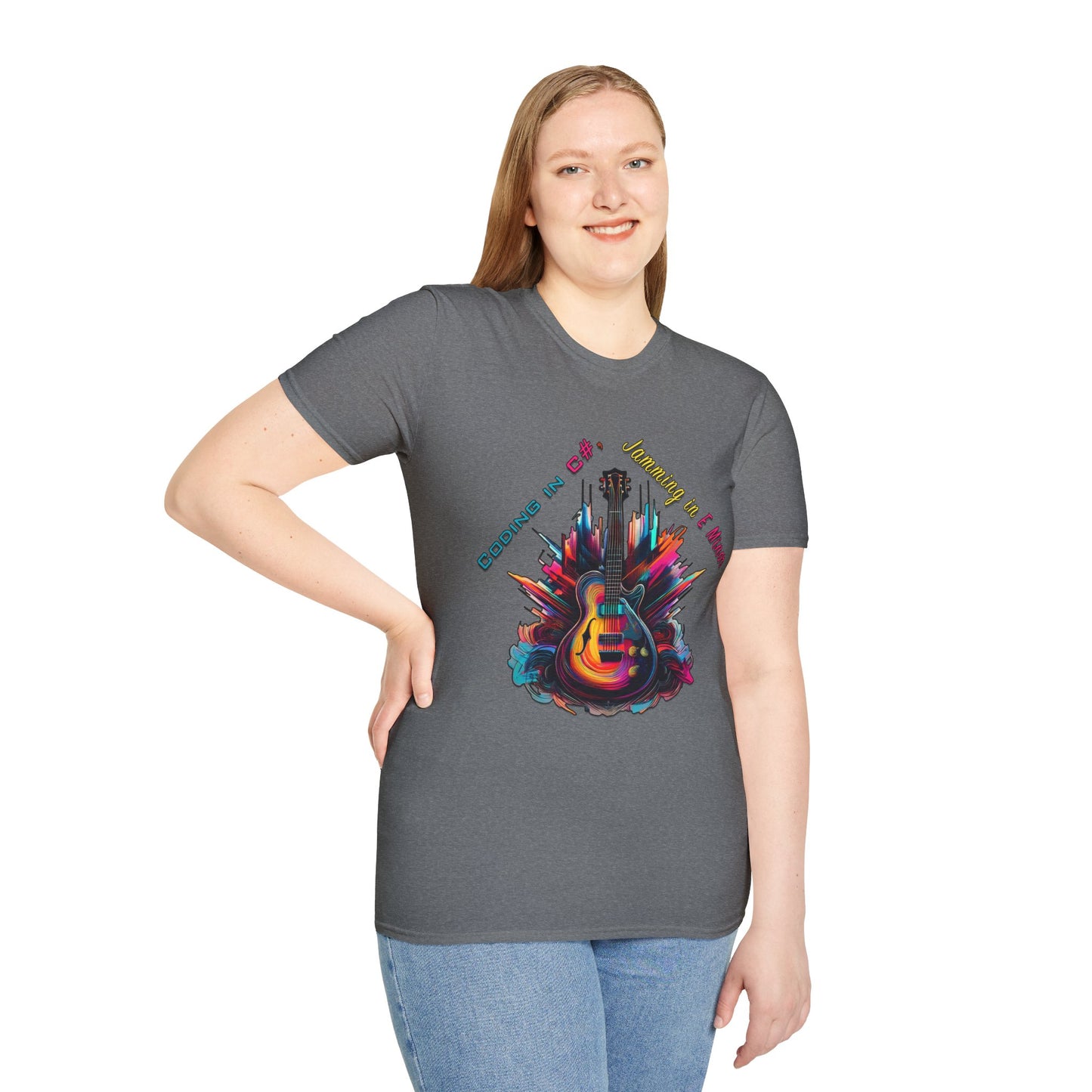 Unisex-T-Shirt für Musikliebhaber mit Gitarre – Coding in C#, Jamming in E-Moll-Design
