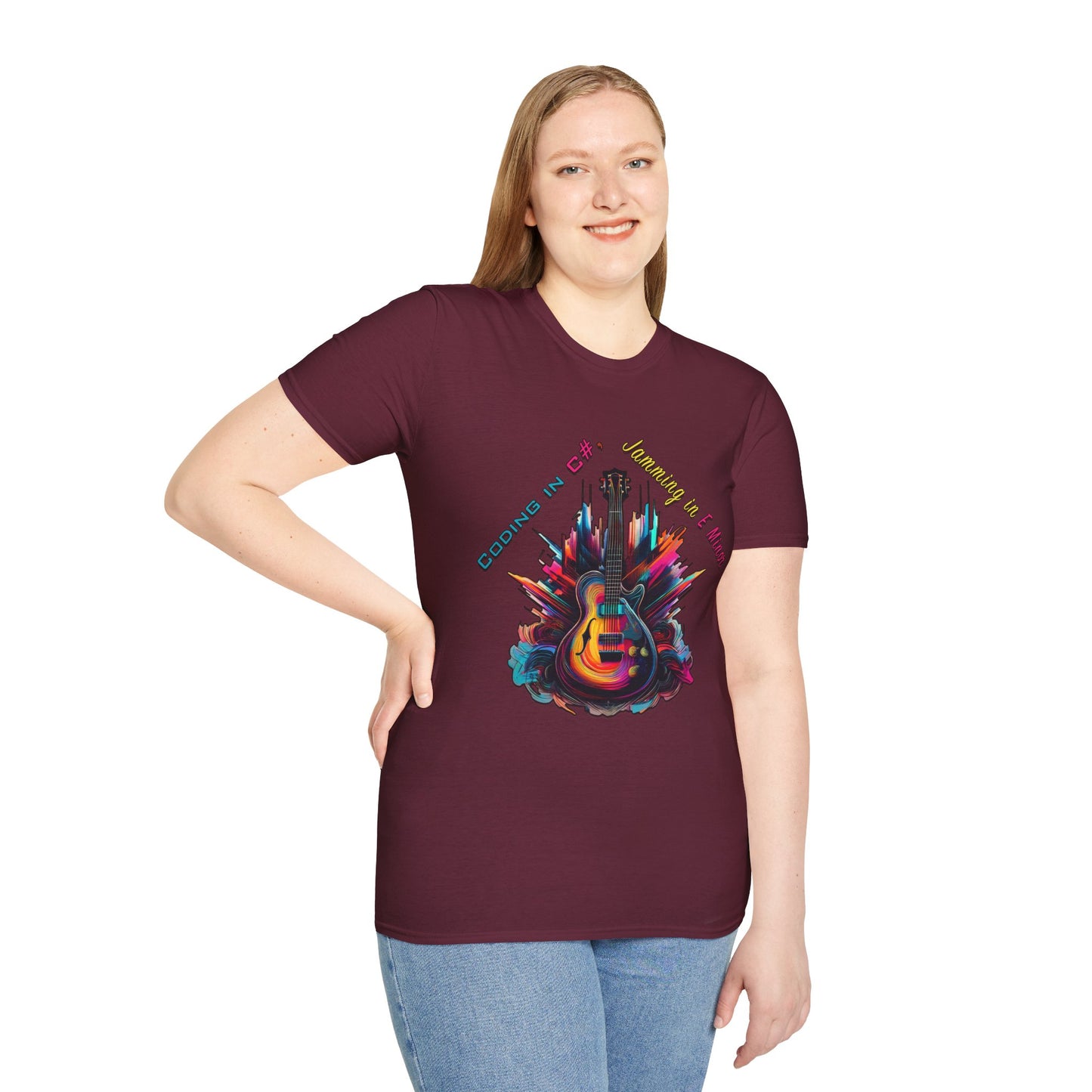 Unisex-T-Shirt für Musikliebhaber mit Gitarre – Coding in C#, Jamming in E-Moll-Design