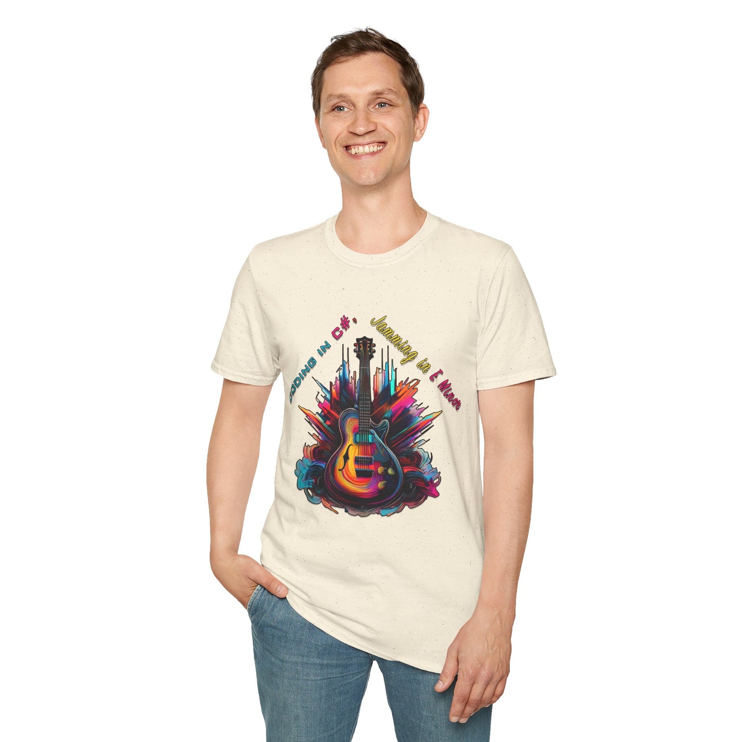 Unisex-T-Shirt für Musikliebhaber mit Gitarre – Coding in C#, Jamming in E-Moll-Design