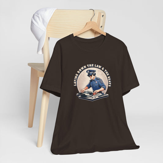 Police Officer by day DJ by night - Short Sleeve T-Shirt - 'Laying Down the Law' Retro Design
