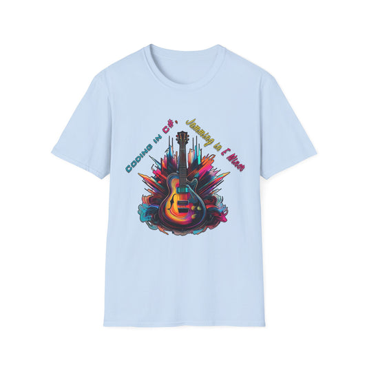 Unisex-T-Shirt für Musikliebhaber mit Gitarre – Coding in C#, Jamming in E-Moll-Design