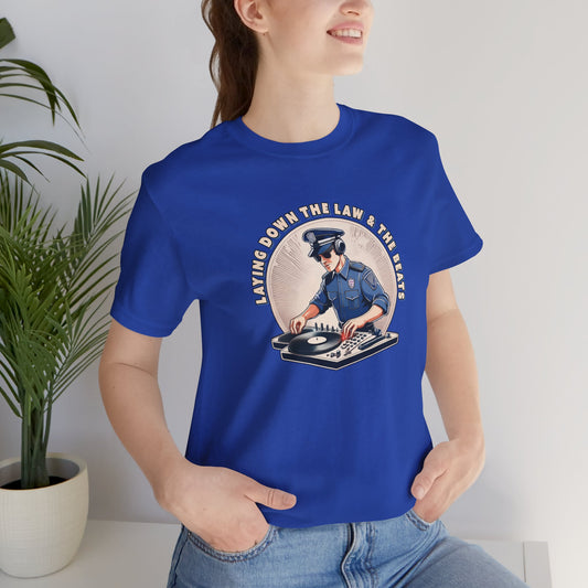 Police Officer by day DJ by night - Short Sleeve T-Shirt - 'Laying Down the Law' Retro Design