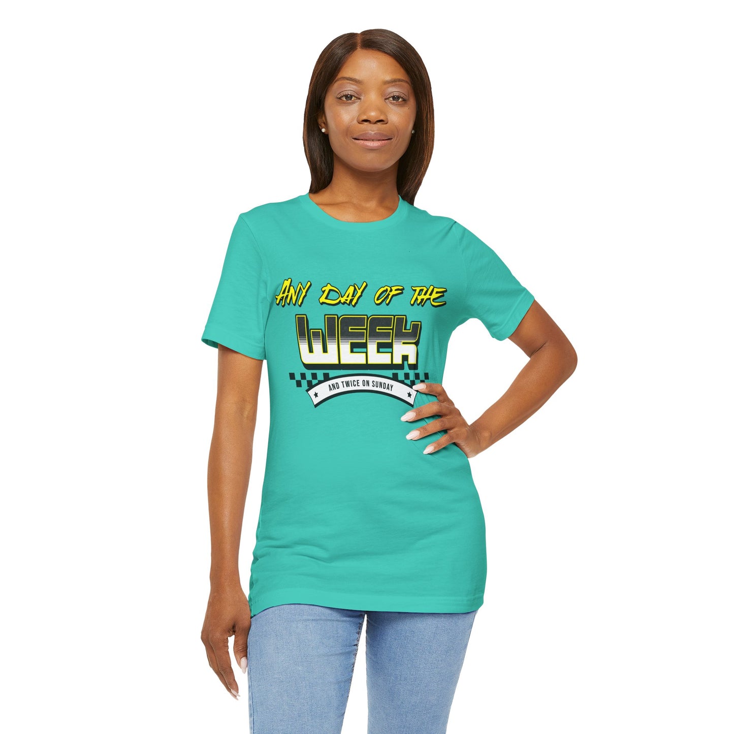 Sunday Vibes T-Shirt mit „Jeder Tag der Woche und zweimal an einem Sonntag“