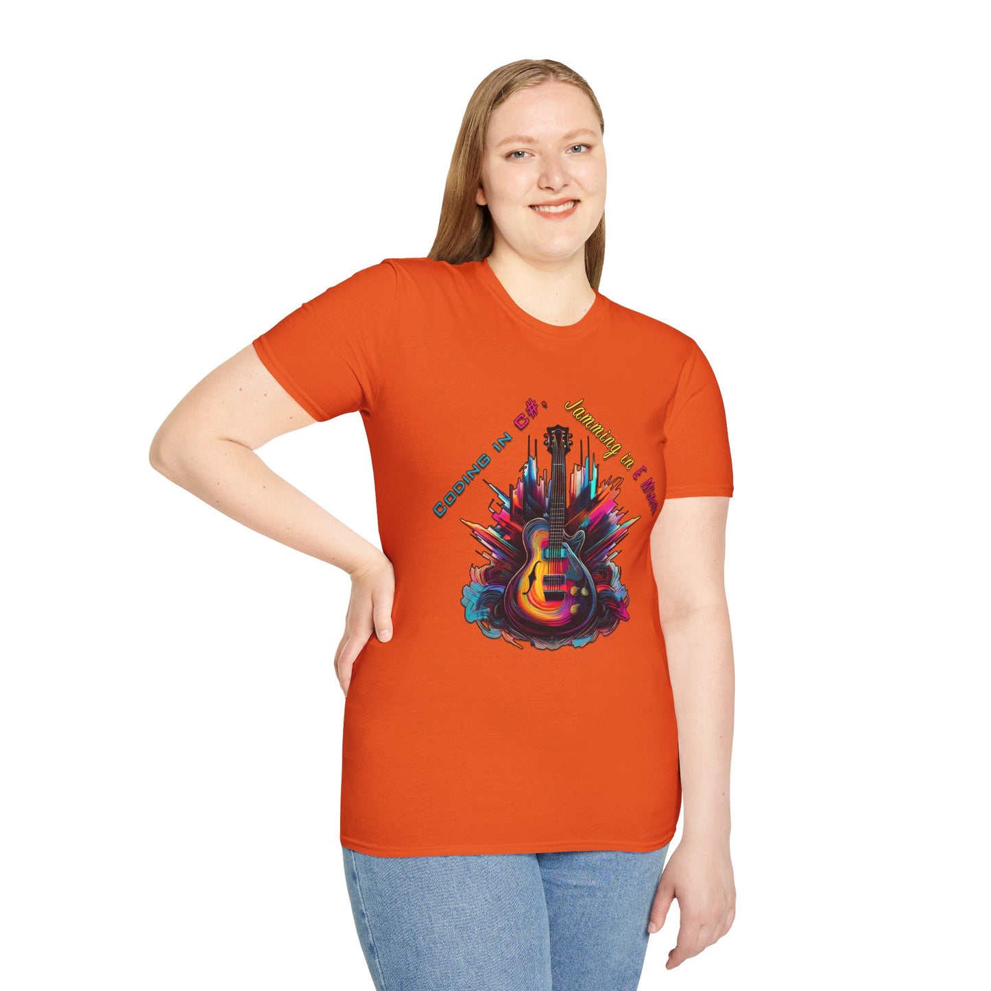 Unisex-T-Shirt für Musikliebhaber mit Gitarre – Coding in C#, Jamming in E-Moll-Design